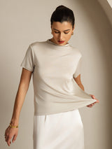 [Grå] SilkSilky-SE 100% Silk Jersey Short Sleeve Mock Neck Dam T-Shirt 003