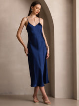 [Mörkblå] SilkSilky-SE Spaghetti Strap V Neck Klänning 005