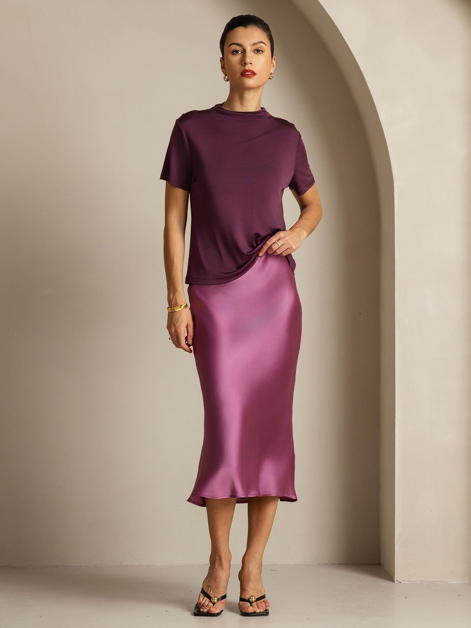 [Lila] SilkSilky-SE Rent Silke Krage Dam T-Shirt 007