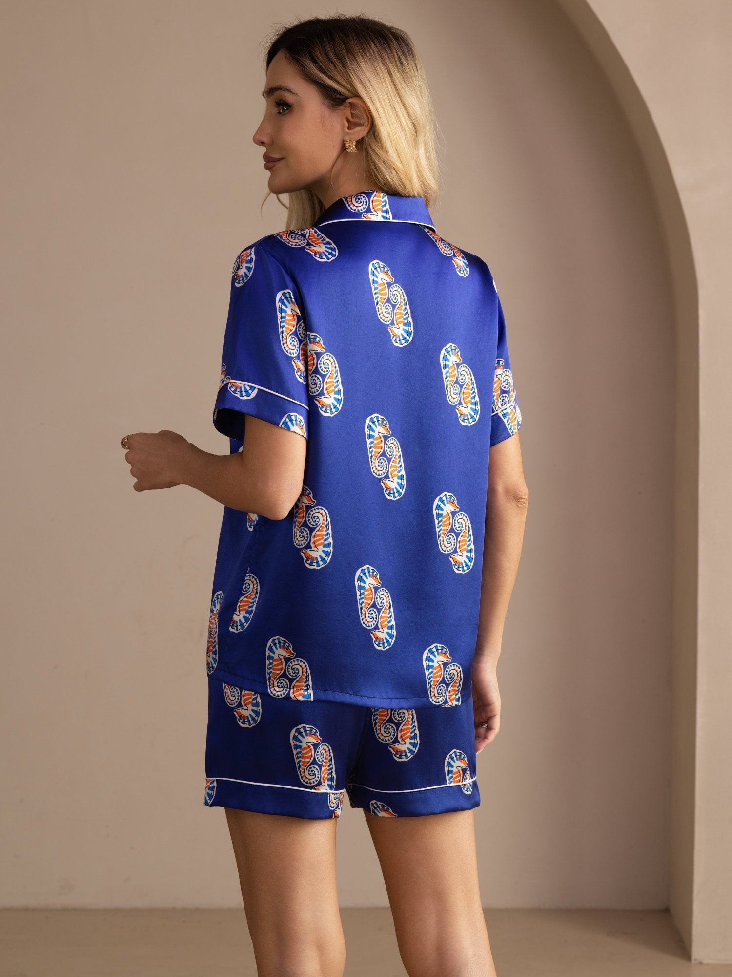 [Marinblå Sjöhäst] SilkSilky-SE Short Sleeve Lapel Collar Dam Pyjama 002
