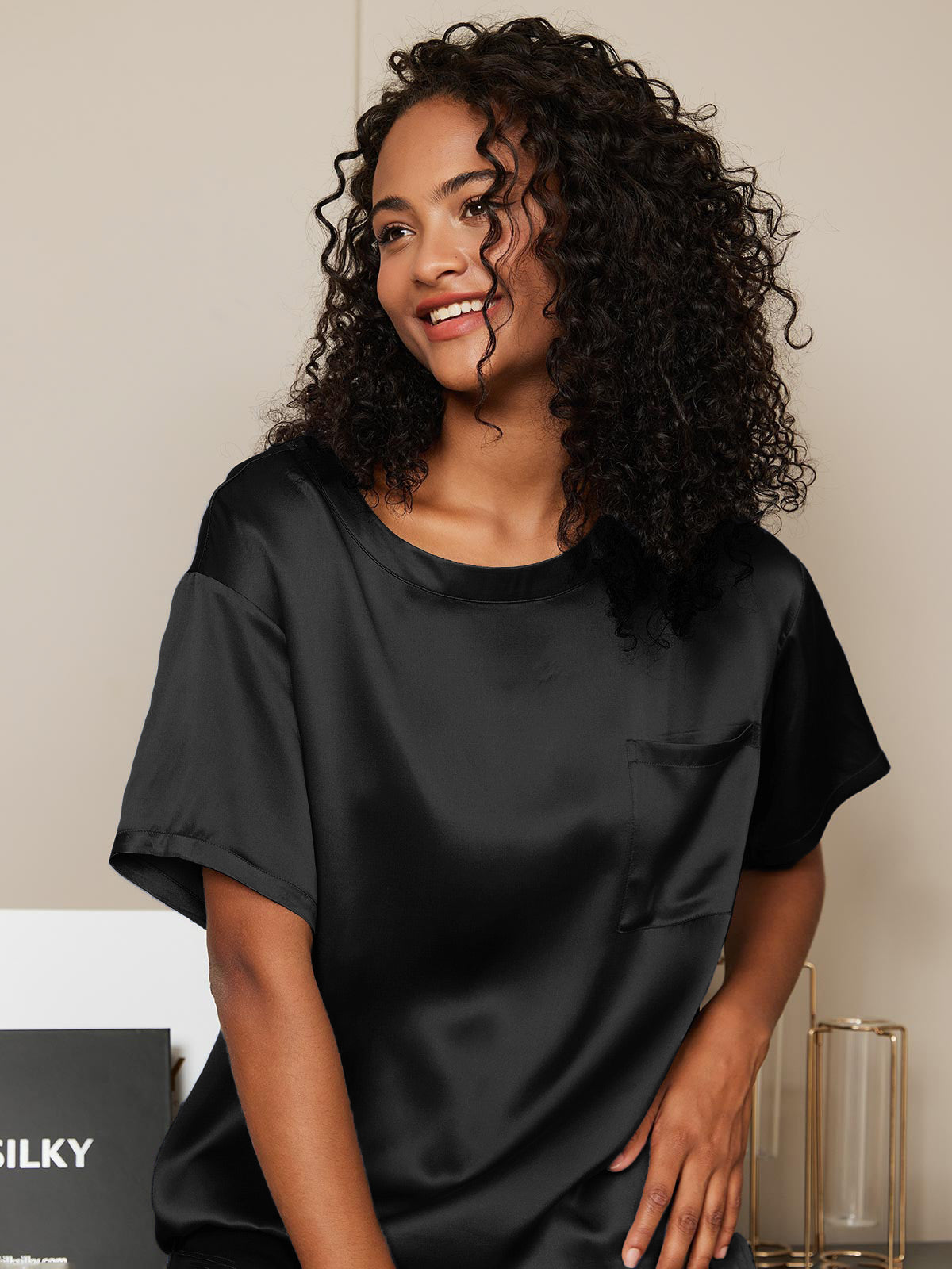 [Svart] SilkSilky-SE Rent Silke Womens Pajamas 003