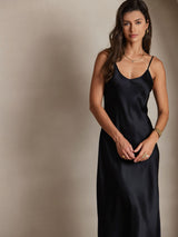 [Svart] SilkSilky-SE Spaghetti Strap V Neck Klänning 003