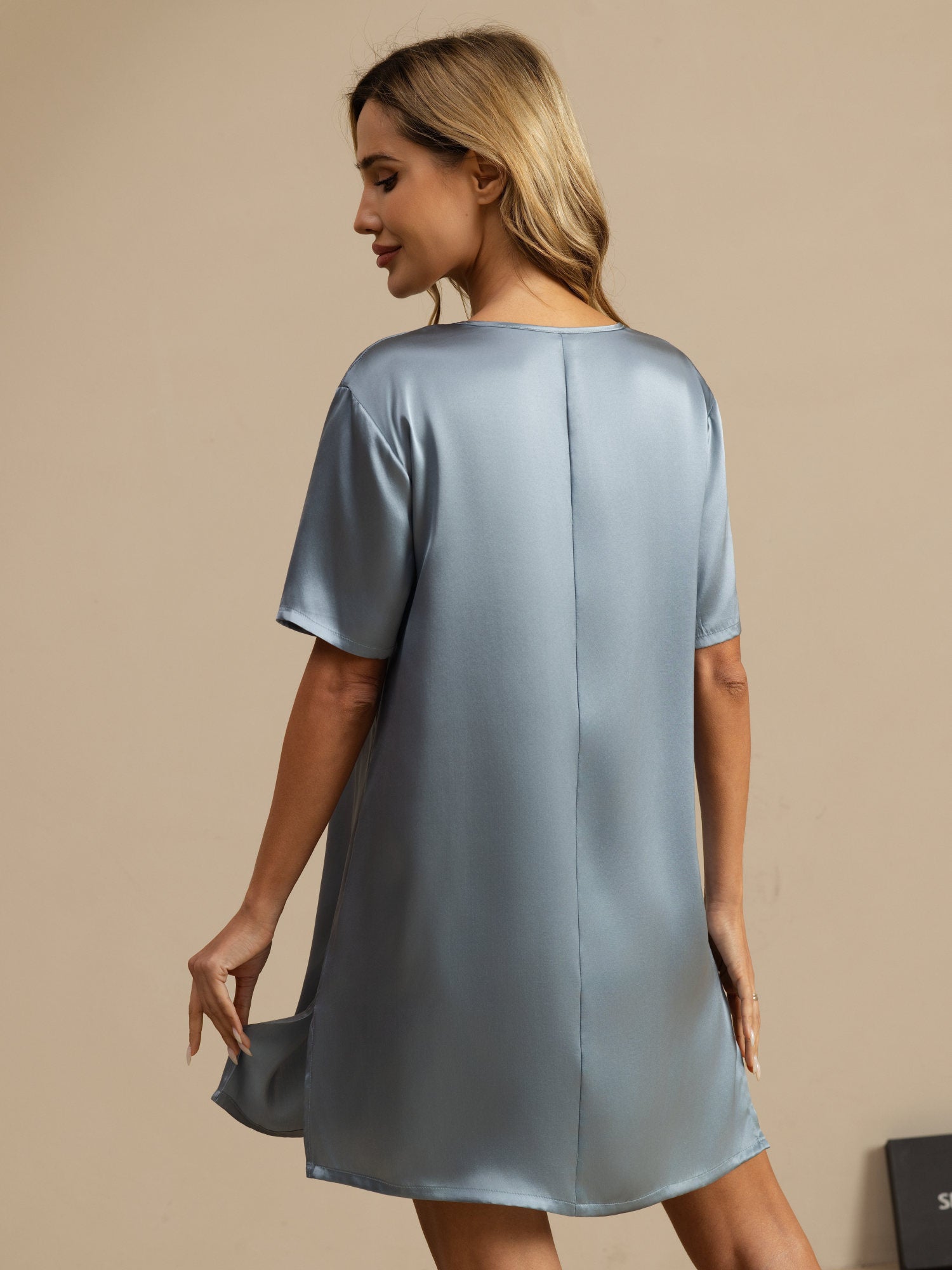[Gråblå] SilkSilky-SE Half Sleeve V Neck Nattlinne 002