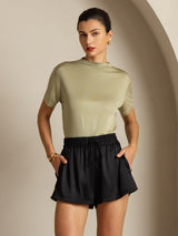 [Torkad Ört] SilkSilky-SE 100% Silk Jersey Short Sleeve Mock Neck Dam T-Shirt 008