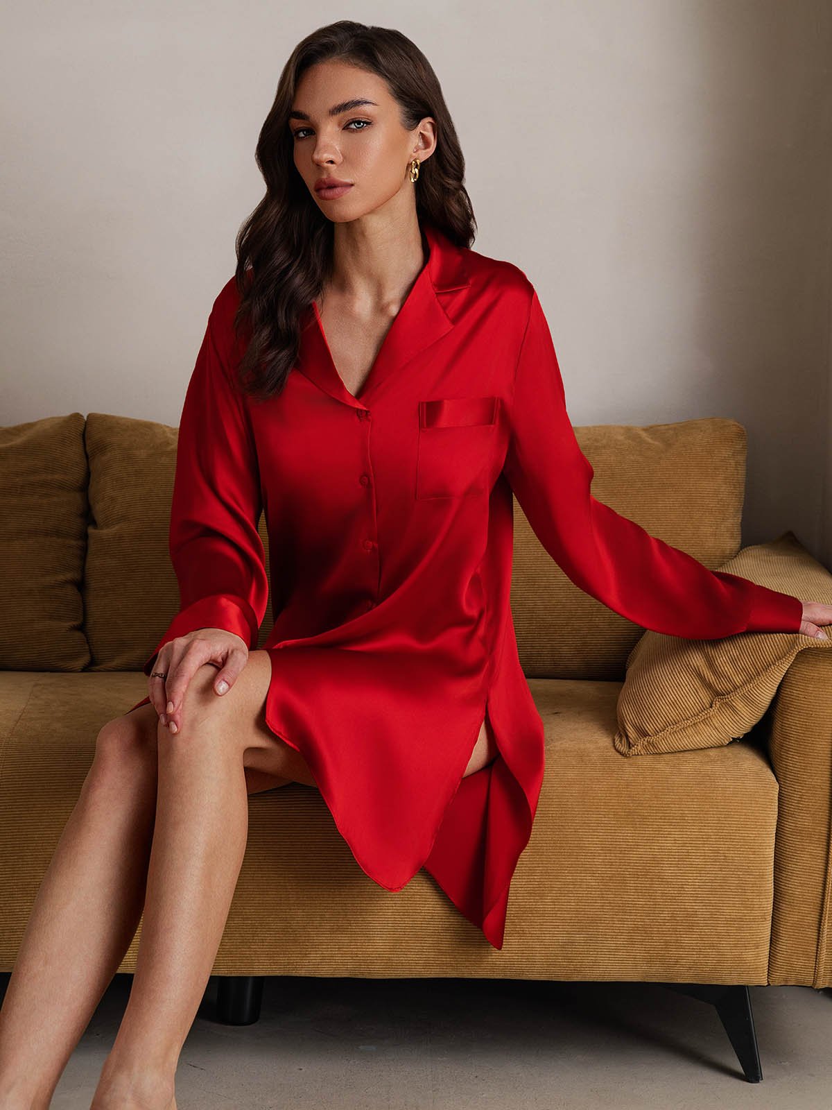 [Röd] SilkSilky-SE Rent Silke Krage Nattlinne 007