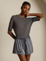 [Grå] SilkSilky-SE Half Sleeve Crewkrage Dam T-Shirt 001