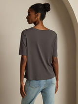 [Grå] SilkSilky-SE Kort Ärm V Ringning Dam T-Shirt 002