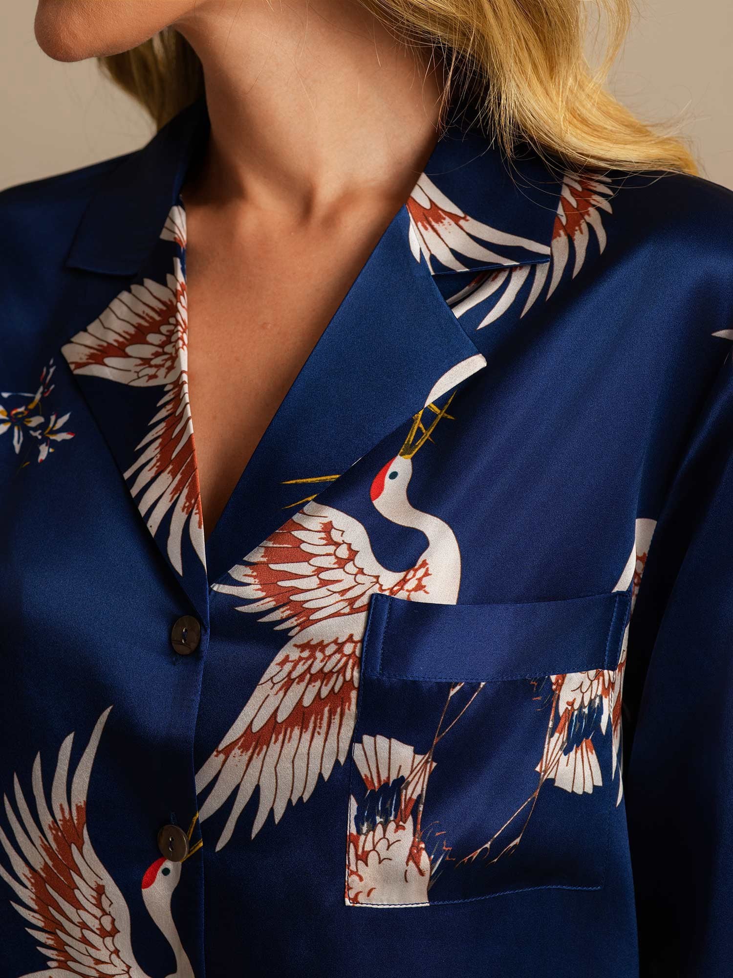 [Mörkblå] SilkSilky-SE 19Momme Rent Silke Krage Dam Sömnskjorta 004