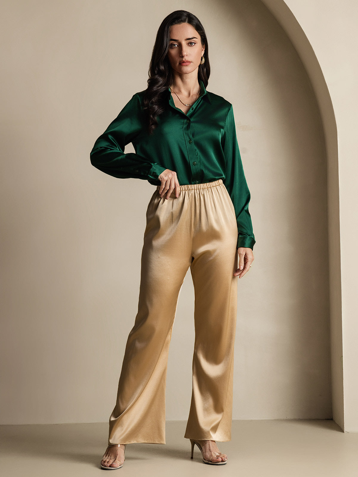 [Mörkgrön] SilkSilky-SE 19Momme Lång Ärm Slagkrage Damskjorta 009