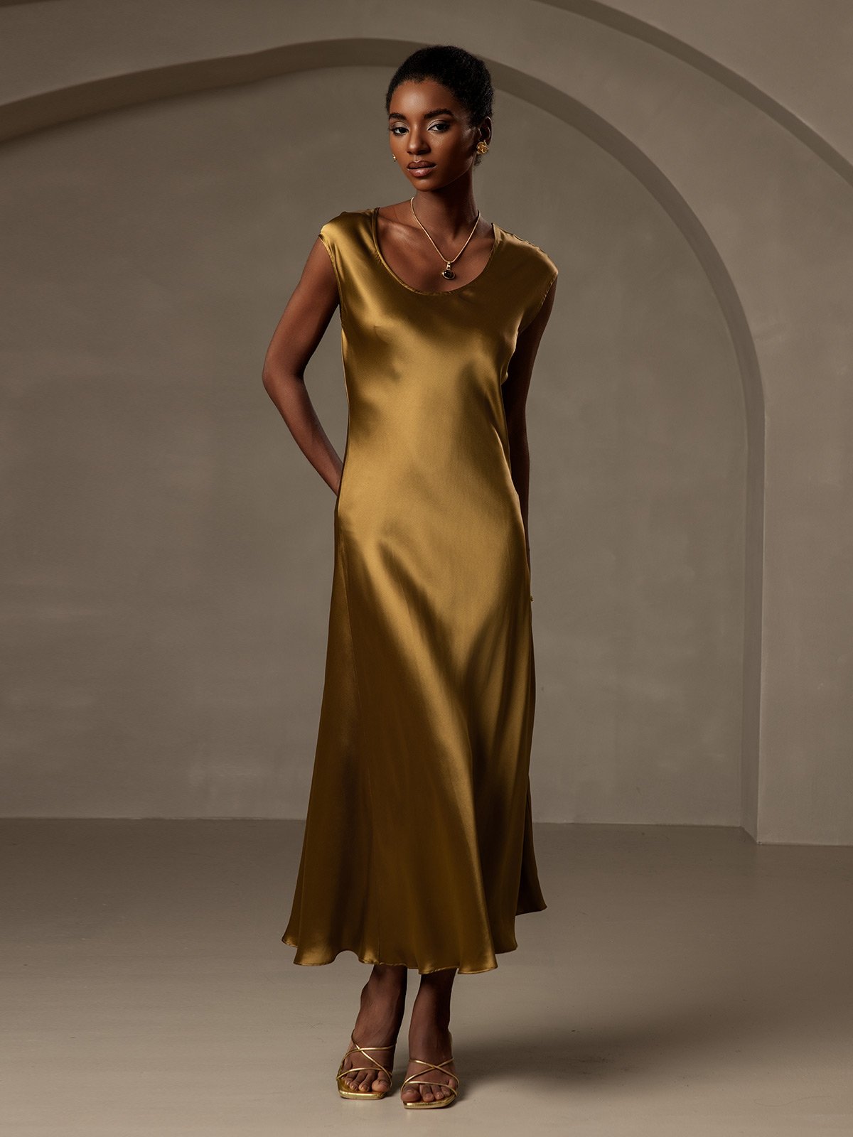 [Brun] SilkSilky-SE 19Momme Silke Ärmlös Dress 004