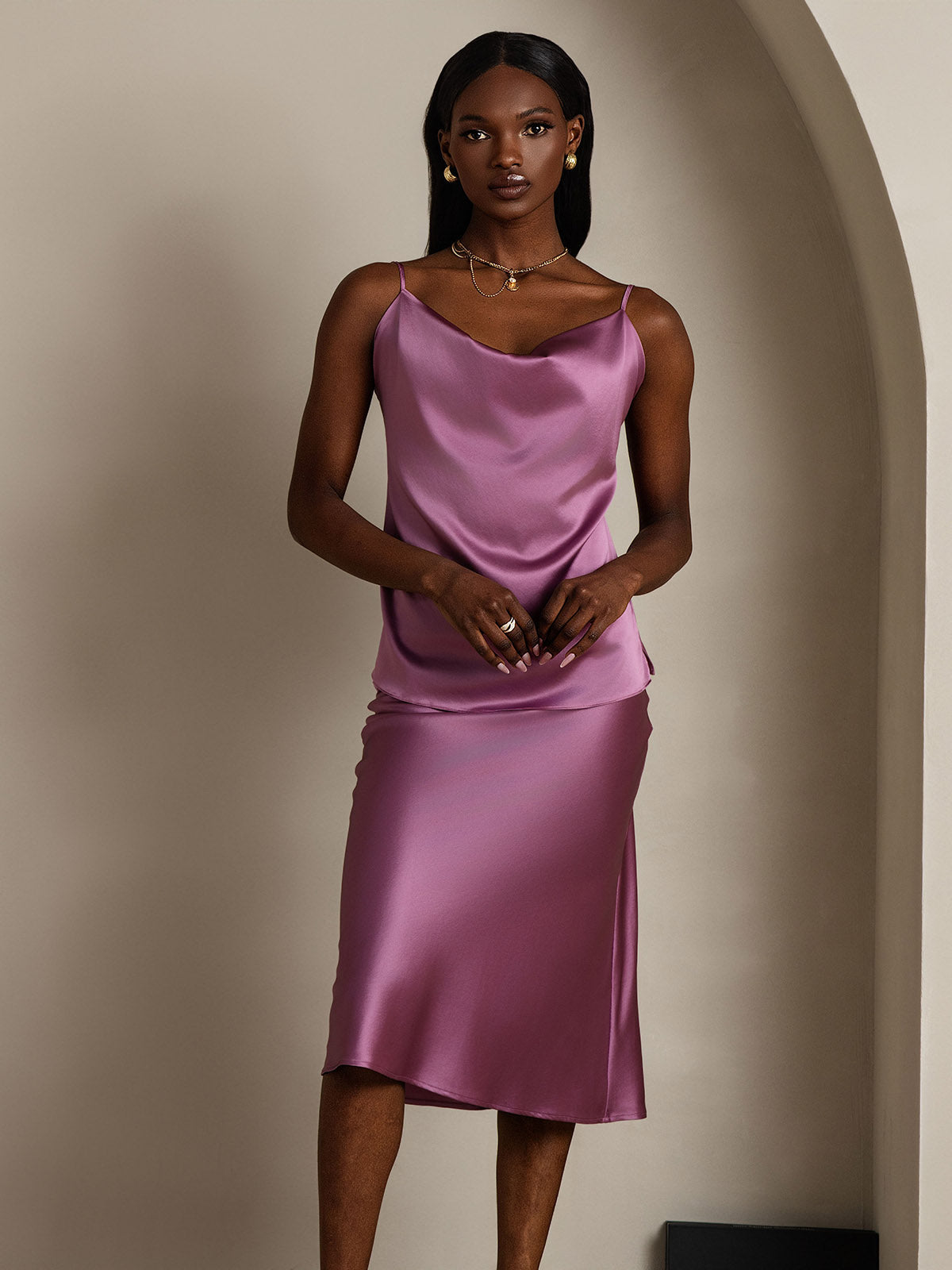 [Mörklila] SilkSilky-SE 19Momme Spaghetti Rem Cowl Halsringning Cami Toppar 004