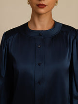 [Mörkblå] SilkSilky-SE 19Momme Long Sleeve Round Neck Blus 006