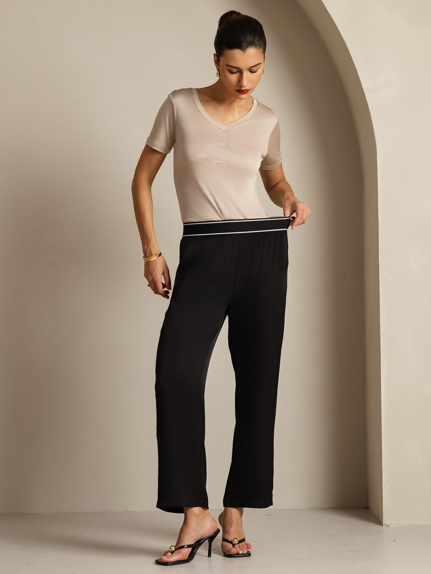 [Svart] SilkSilky-SE 22Momme Silke Womens Pants 006