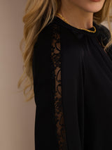 [Svart] SilkSilky-SE Long Sleeve Keyhole Neck Damblusar 006