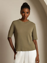 [Bränd Oliv] SilkSilky-SE Half Sleeve Crewkrage Dam T-Shirt 001