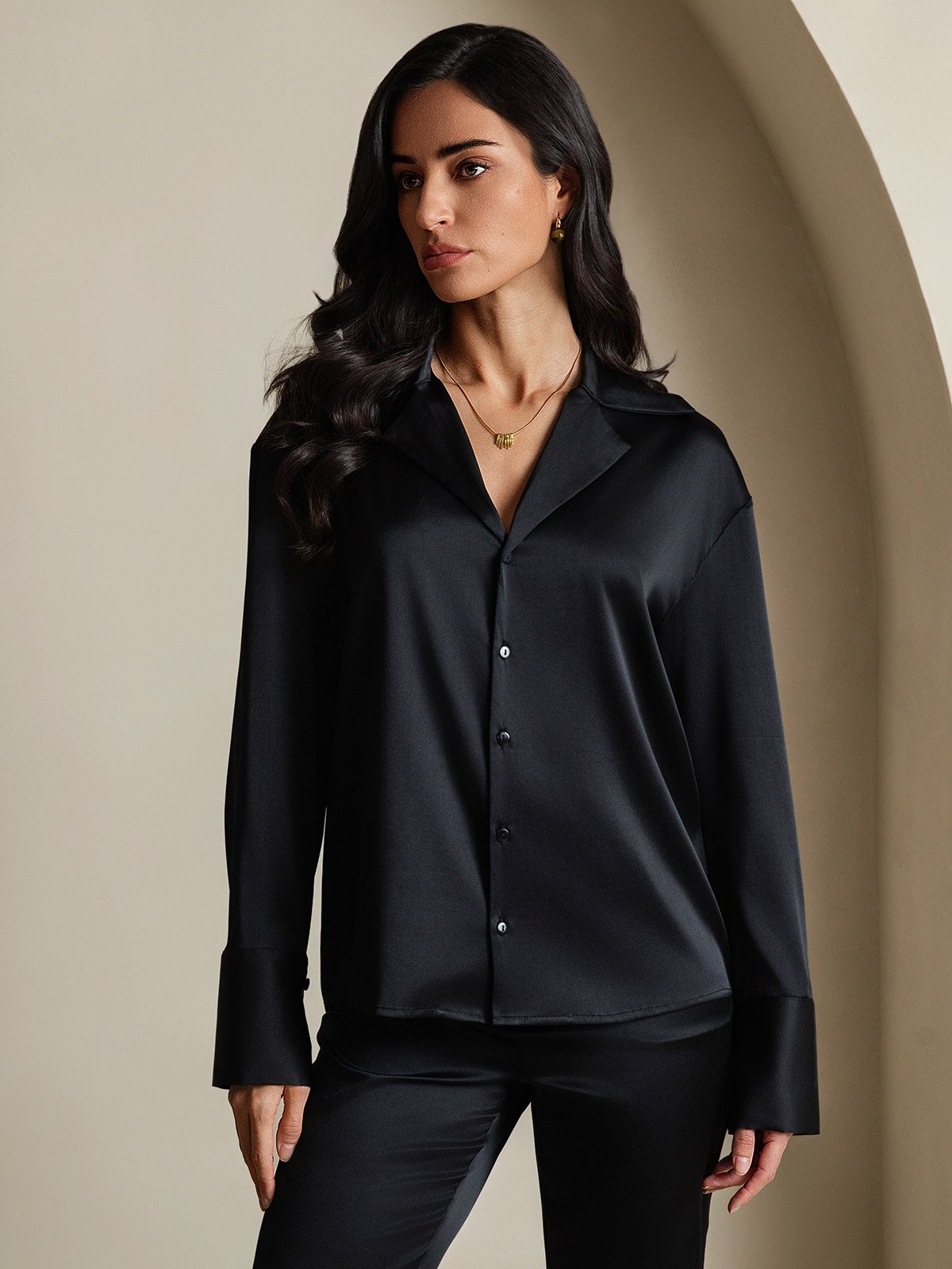 [Svart] SilkSilky-SE 19Momme Silke Womens Shirt 004