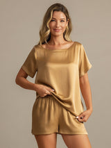 [Tan] SilkSilky-SE 19Momme Kort Ärm Rund Halsringning Dam Pyjama 003