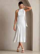 [Vit] SilkSilky-SE 19Momme Stretch Silk Charmeuse Sleeveless Halter Klänning 007