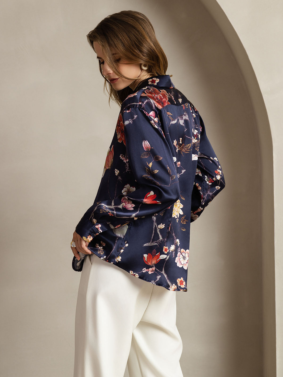 [Marin Blommor] SilkSilky-SE Long Sleeve Lapel Collar Damskjorta 002