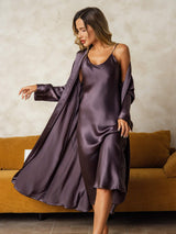 [Lila Grå] SilkSilky-SE Long Sleeve V Neck Dam Nattlinne&Morgonrock Set 001