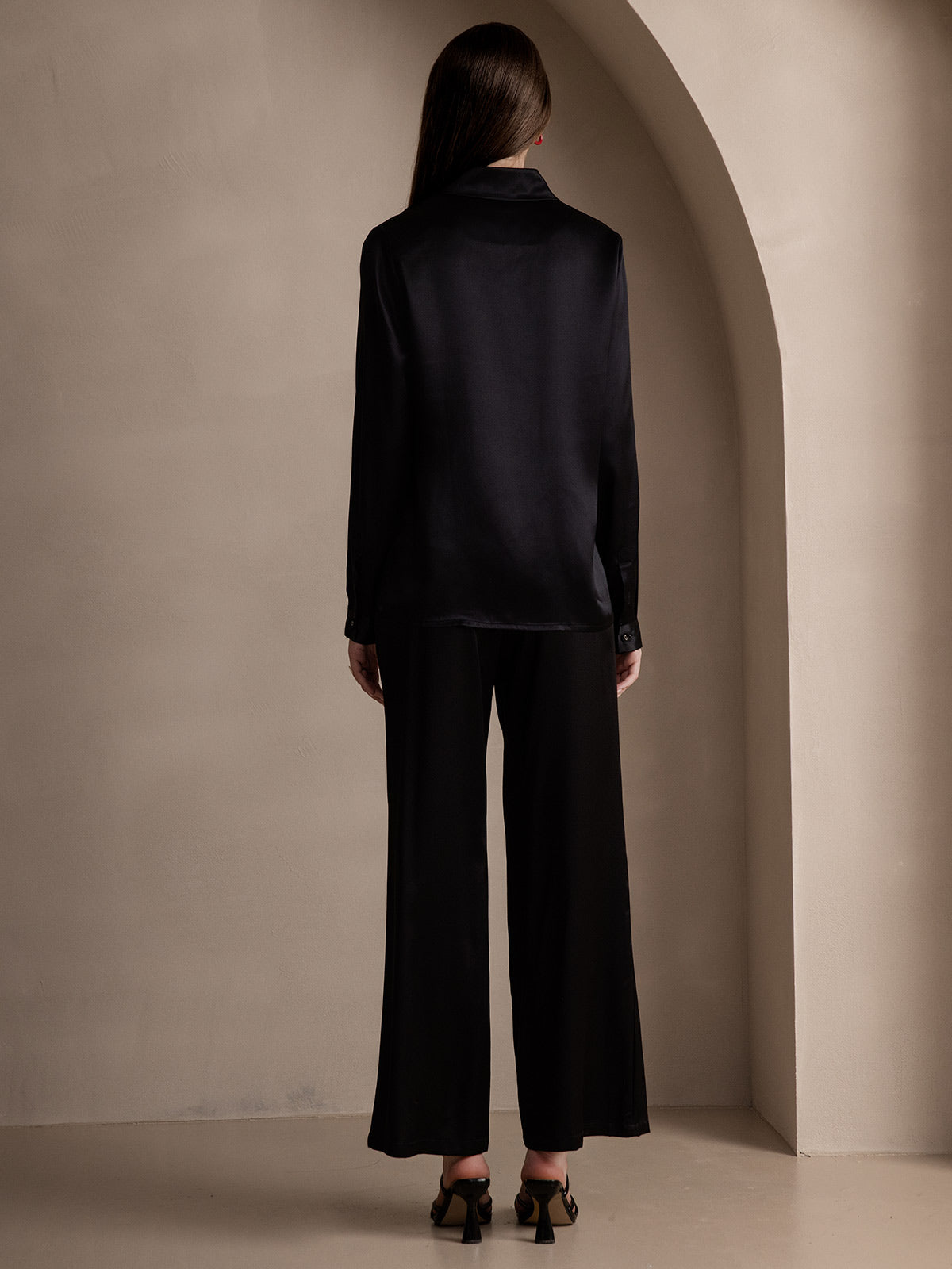 [Svart] SilkSilky-SE 19Momme Silke Lapel Collar Damskjorta 002