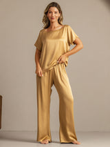 [Tan] SilkSilky-SE 19Momme Kort Ärm Dam Pyjama 005
