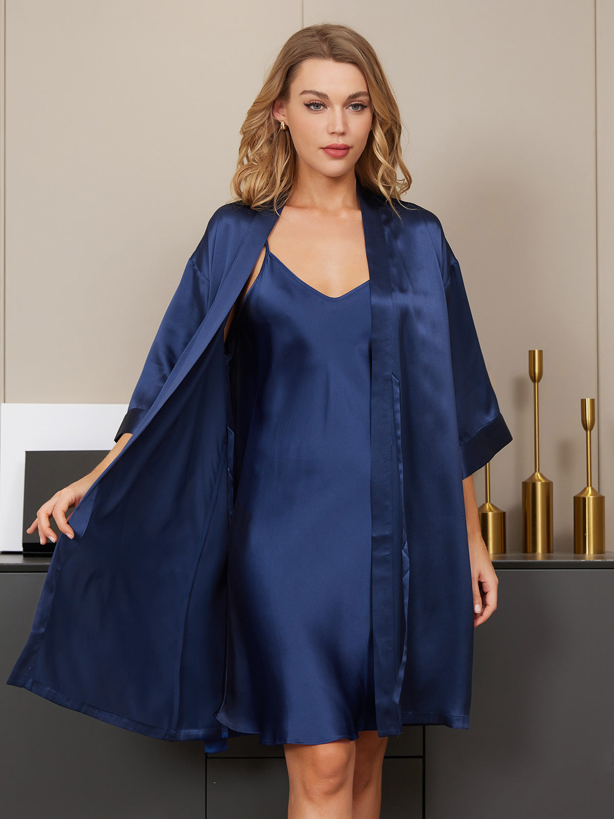 [Mörkblå] SilkSilky-SE Rent Silke Nightgown&Robe Set 005