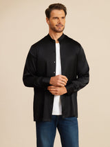 [Svart] SilkSilky-SE Long Sleeve Stand Collar Herrskjorta 004
