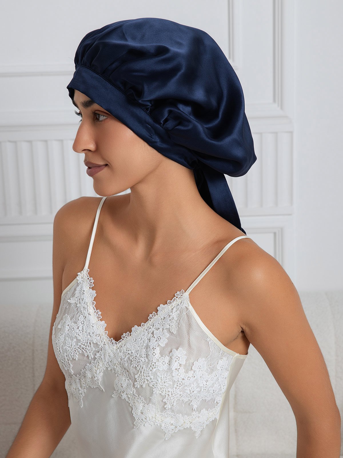 [Mörkblå] SilkSilky-SE Rent Silke Sleep Cap 002