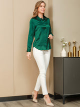 [Mörkgrön] SilkSilky-SE Long Sleeve Lapel Collar Damskjorta 006
