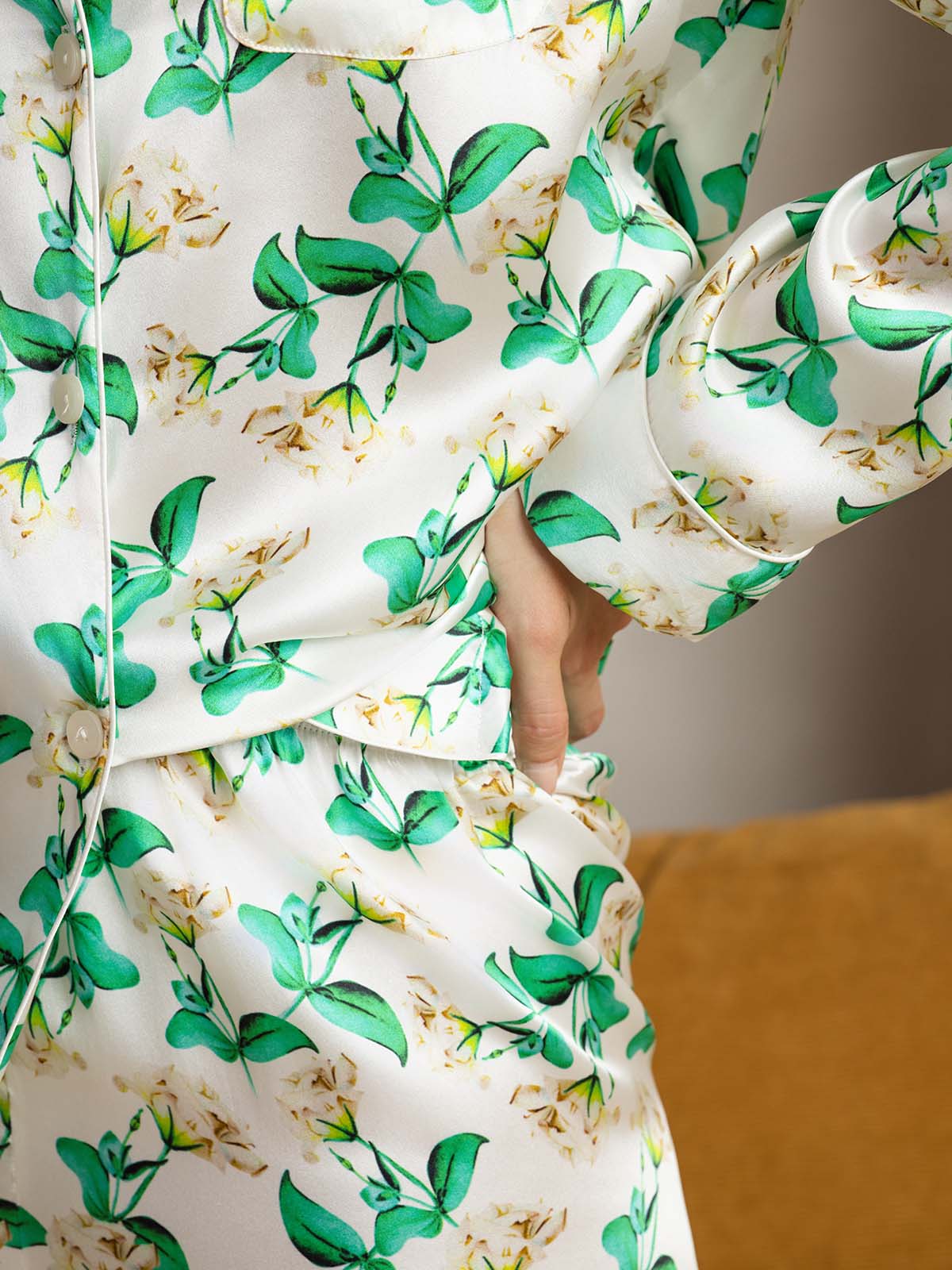 [Grön Blommor] SilkSilky-SE Rent Silke Womens Pajamas 008