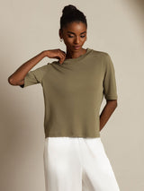 [Bränd Oliv] SilkSilky-SE Half Sleeve Crewkrage Dam T-Shirt 008
