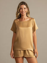 [Tan] SilkSilky-SE 19Momme Kort Ärm Rund Halsringning Dam Pyjama 001