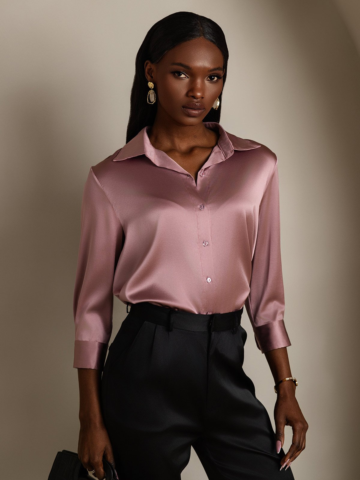 SilkSilky-SE 19Momme Silke Lång Ärm Slag Damskjorta BlekMauve 001