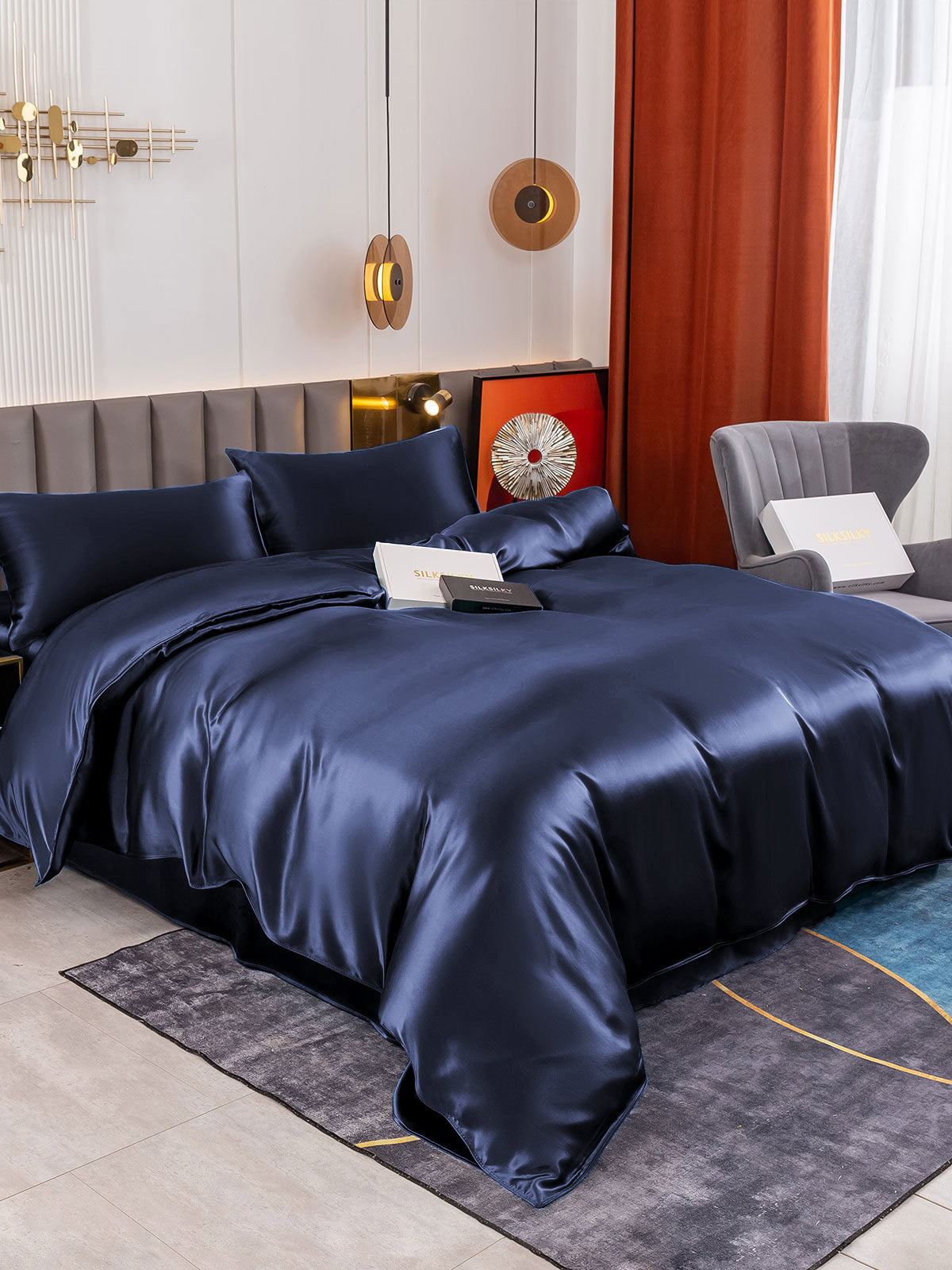 SilkSilky SE 19Momme Rent Silke Bedding Set Mörkblå 003