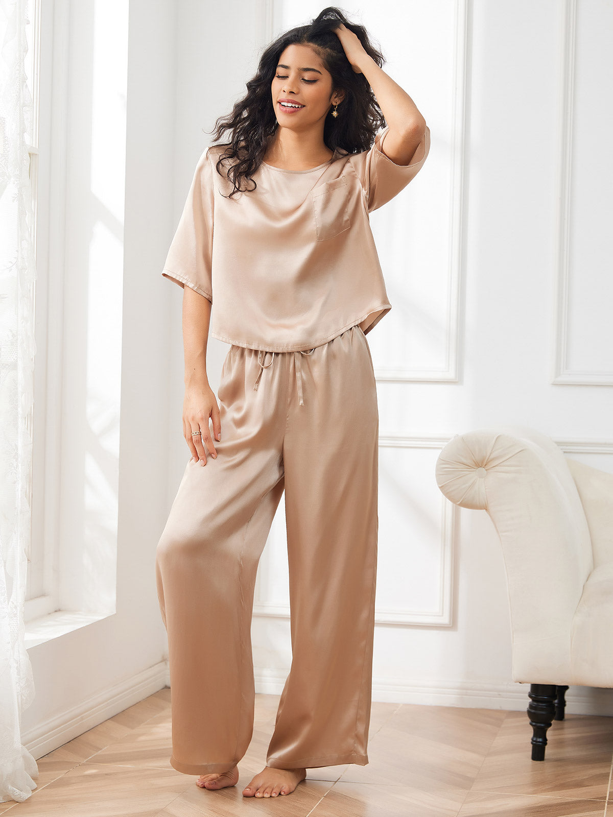 SilkSilky SE Rent Silke Hårärm Round Neck Dam Pyjama Champagne 001