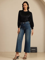 [Svart] SilkSilky-SE 19Momme Long Sleeve Round Neck Blus 006