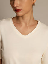 [Beige] SilkSilky-SE Kort Ärm V Ringning Dam T-Shirt 003