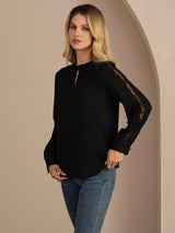 [Svart] SilkSilky-SE Long Sleeve Keyhole Neck Damblusar 004