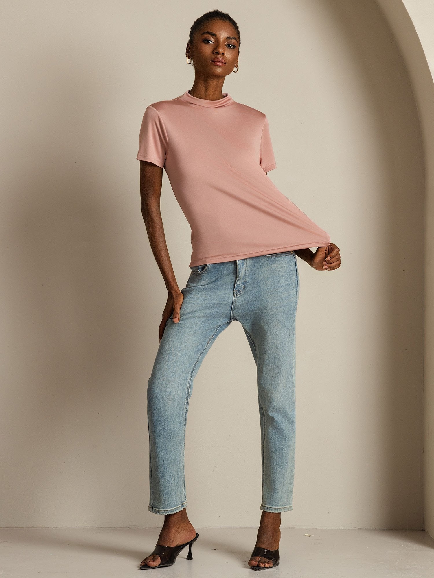 [Rosa] SilkSilky-SE Rent Silke Krage Dam T-Shirt 004