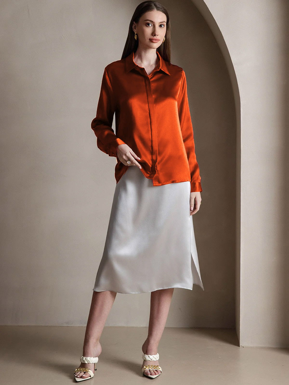 [Kola] SilkSilky-SE 19Momme Silke Lapel Collar Damskjorta 005