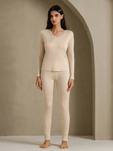 [Beige] SilkSilky-SE Long Sleeve V Neck Dam Långkalsonger 001