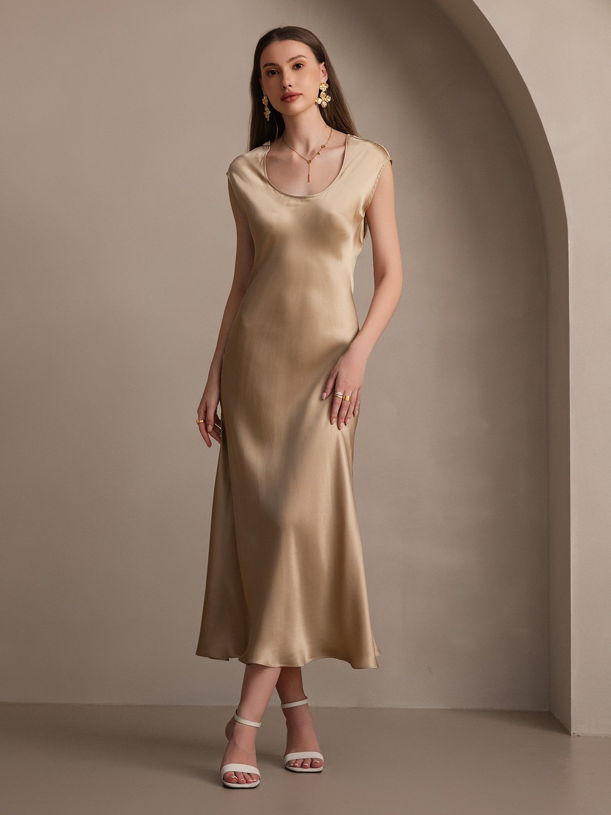 [Champagne] SilkSilky-SE 19Momme Silke Ärmlös Dress 007