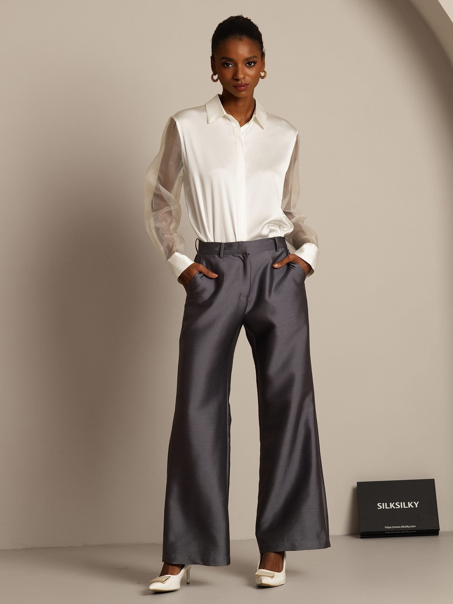 [Grå] SilkSilky-SE 32Momme Silk-Wool Blend Womens Pants 006,