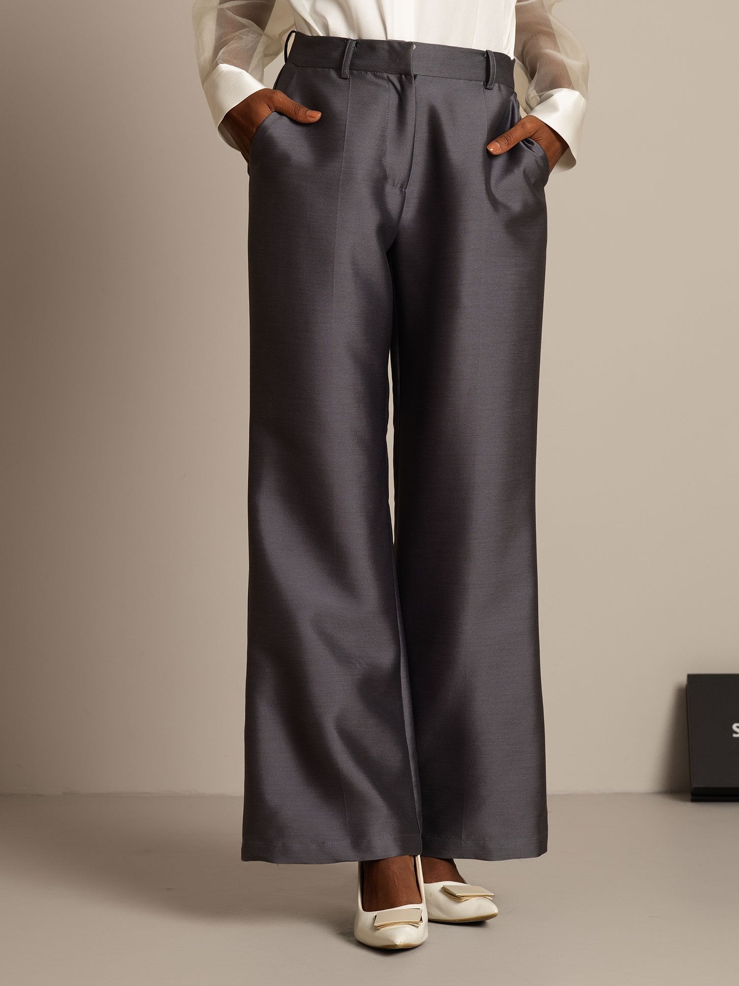 [Grå] SilkSilky-SE 32Momme Silk-Wool Blend Womens Pants 003,