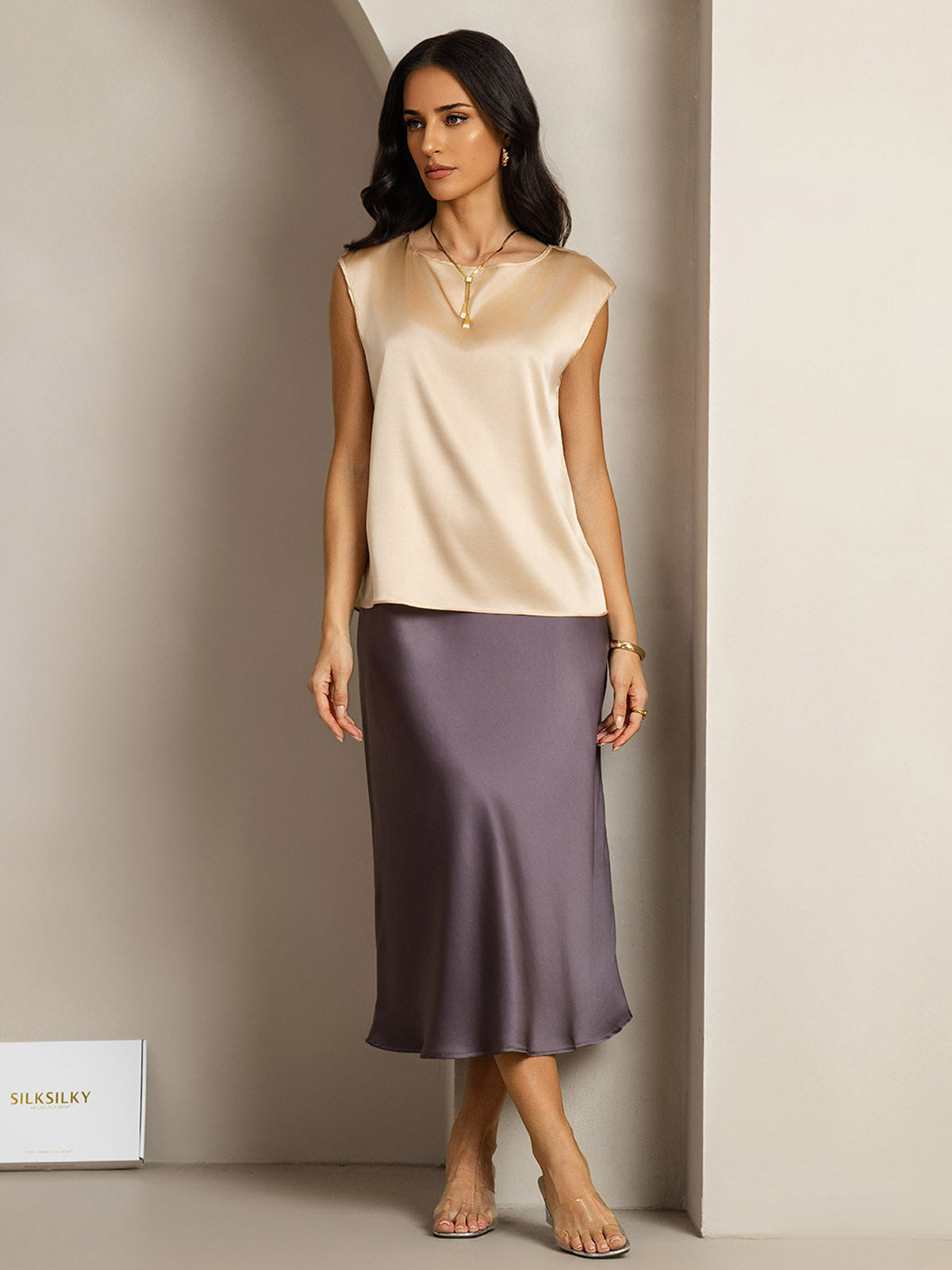 [Champagne] SilkSilky-SE 19Momme Silke Womens T-Shirt 003