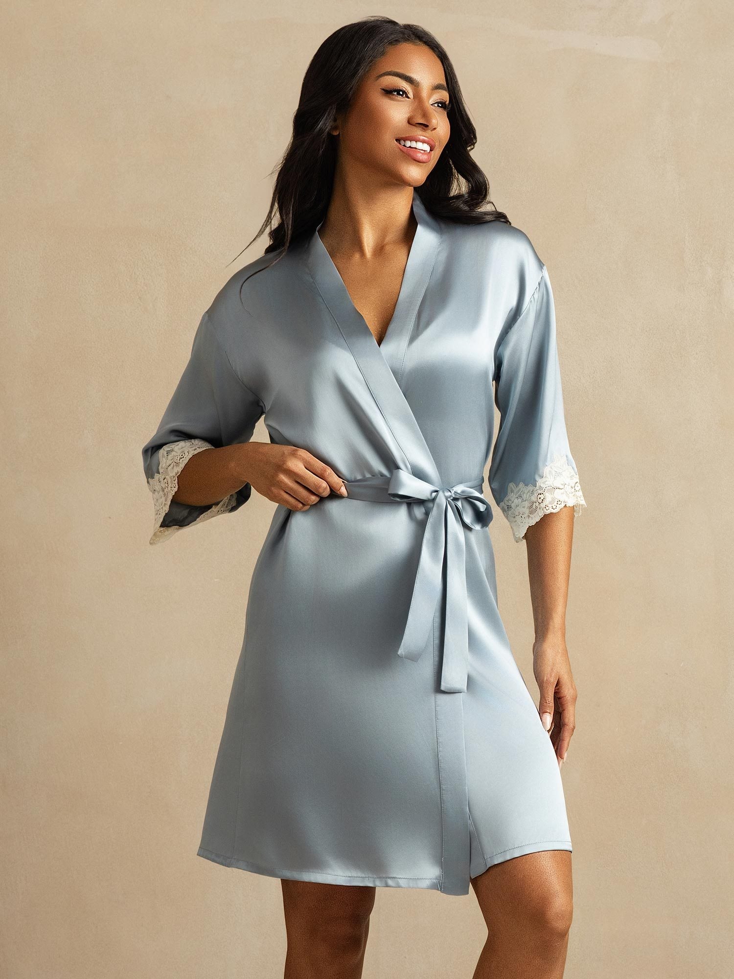 [Blå] SilkSilky-SE Rent Silke Womens Robe 001