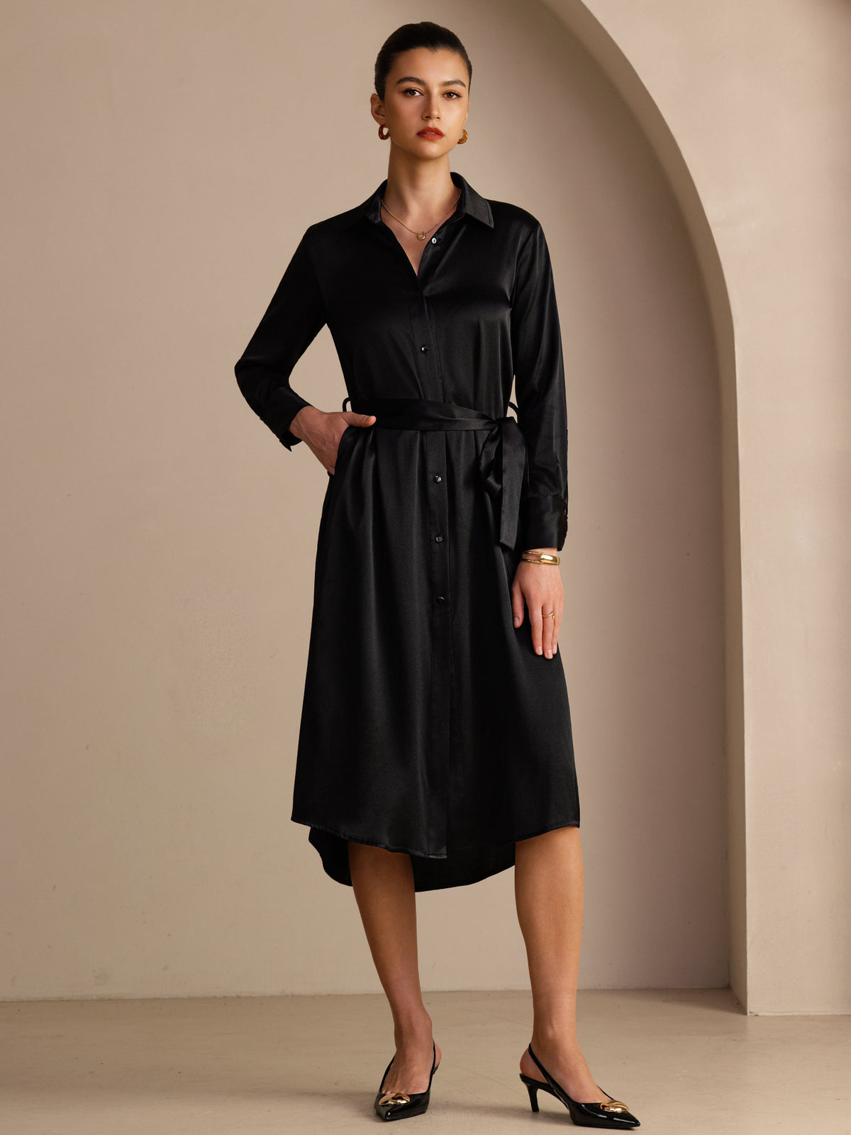 [Svart] SilkSilky-SE Long Sleeve Lapel Collar Klänning 001