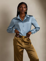 [Gråblå] SilkSilky-SE Long Sleeve Lapel Collar Damskjorta 003