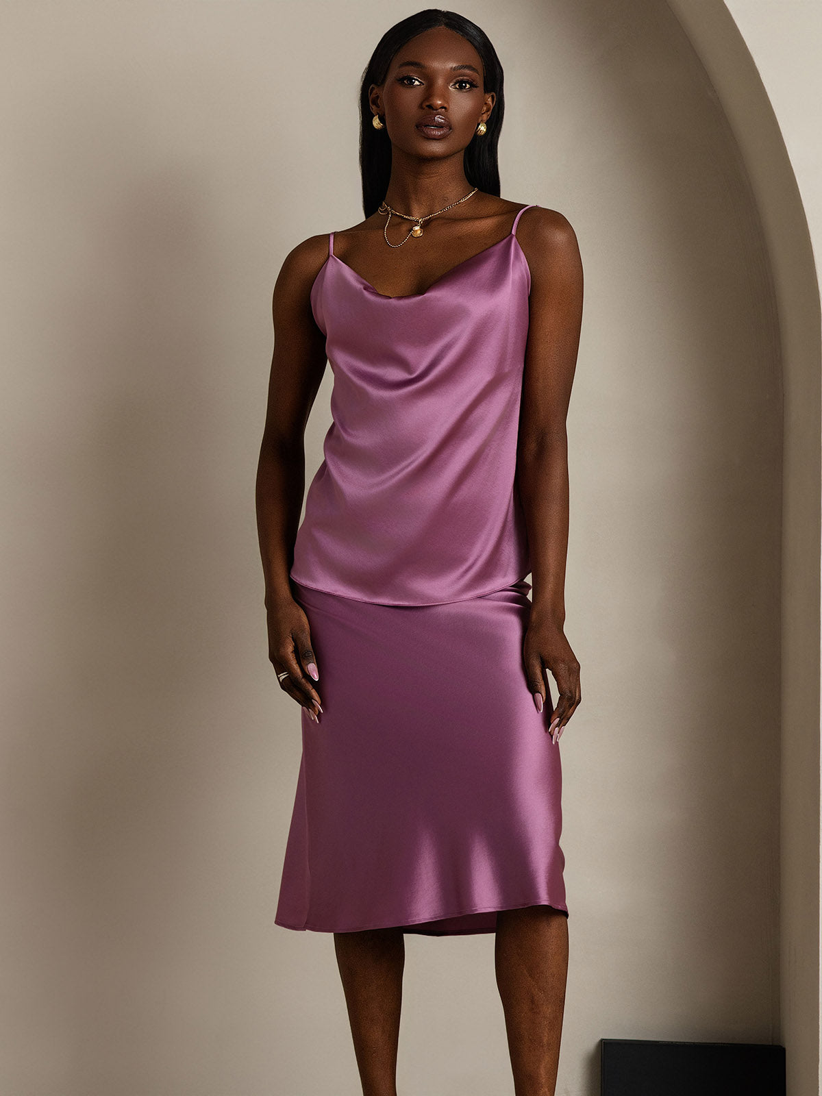 [Mörklila] SilkSilky-SE 19Momme Spaghetti Rem Cowl Halsringning Cami Toppar 005